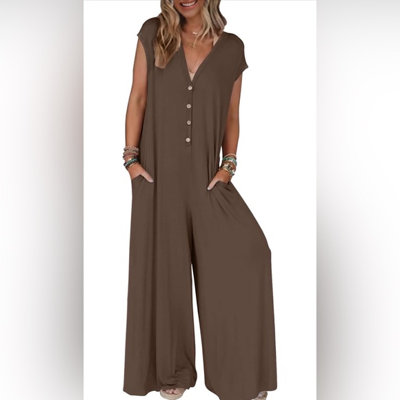 MEROKEETY Cap Sleeve Jumpsuits Deep V Neck Button Onesie Wide Leg Pants Rompers - Picture 3 of 4